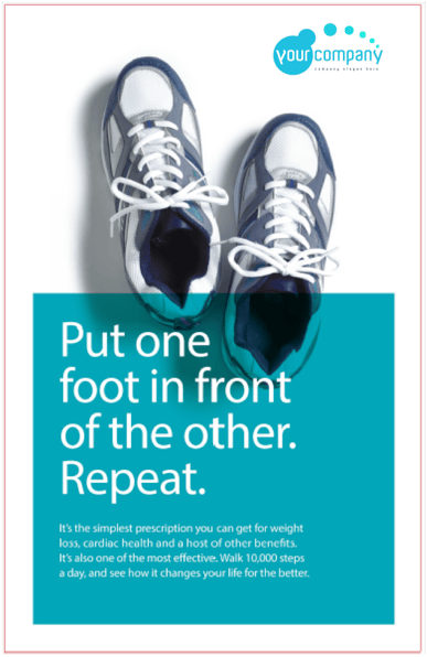 A generic poster featuring a pair of walking shoes encouraging people to walk 10,000 steps a day.