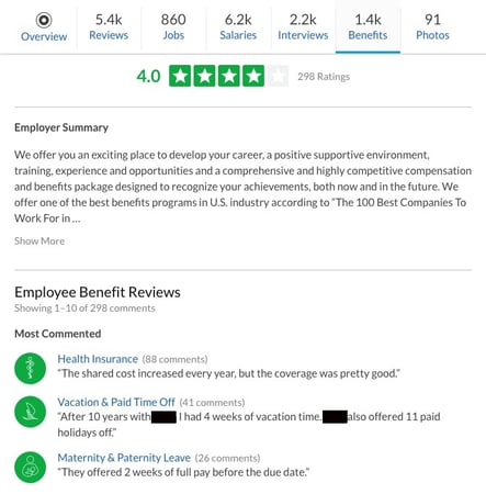 A screenshot of an employer's benefits review page.