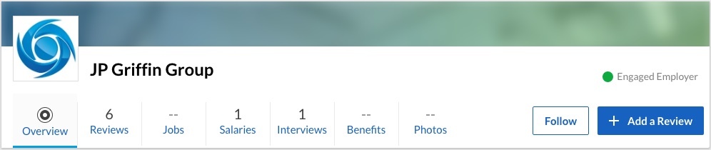 A screenshot of the JP Griffin Group Glassdoor page.
