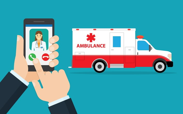 A cartoon image of a person calling for an ambulance.