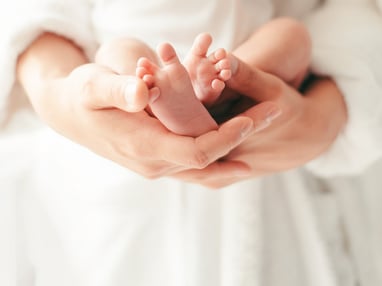 A close up photo of a newborn baby's feet in a mother's hands.