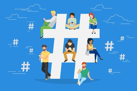 cartoon of a bunch of people sitting on a hashtag.