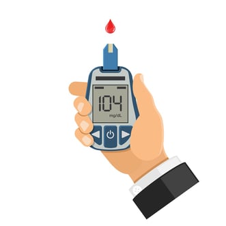 cartoon image of a hand holding a blood glucose device and a drop of blood on the glucose strip.
