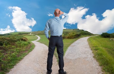 A man standing at a fork in the road, trying to decide which way to go.