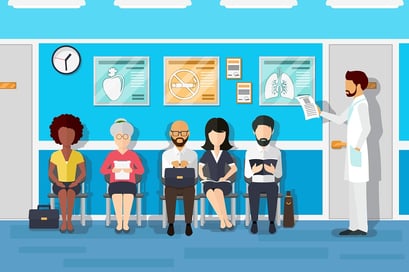 A cartoon image of people waiting in a doctor's office for their appointments.