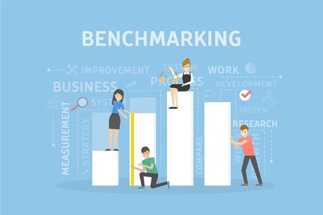 A cartoon image of employees physically measuring things as a metaphor for employee benefits benchmarking.