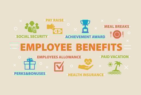 graphic of Employee benefits, including social security, health insurance, perks and bonuses, pay raises, both voluntary and required benefits.