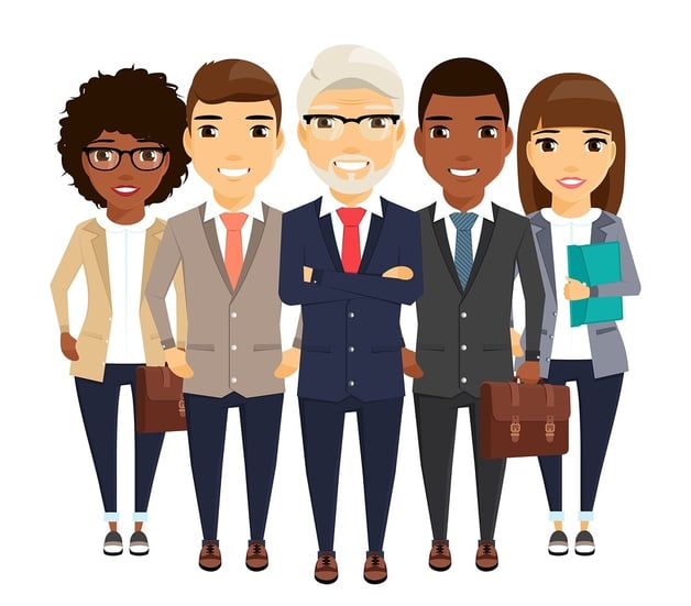 cartoon image of a group of 5 diverse professionals, varying in age, gender, dress, etc.