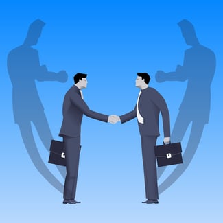 A cartoon image of two men shaking hands, while their shadows square off to fight.