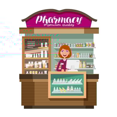 A cartoon image of a smiling pharmacist at her computer.