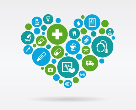 An image of icons representing various aspects of the healthcare system in the shape of a heart.