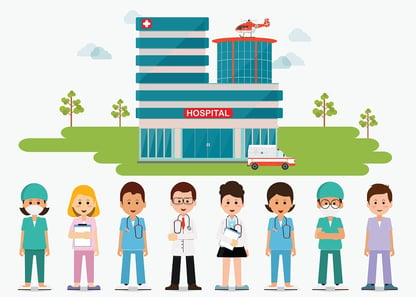 A cartoon images of medical professionals standing in front of a hospital.