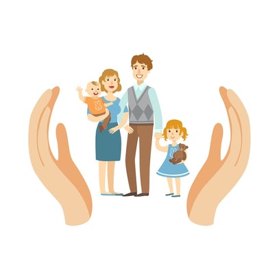 A cartoon image of a family of four being held up by two helpful hands.