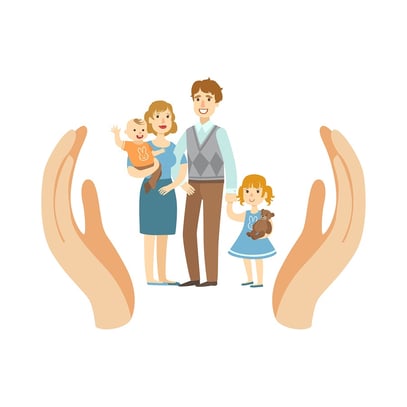 A cartoon image of a family of four being held up by two helpful hands.