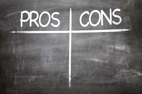 image of a chalkboard with blank pros and cons chart written on it.