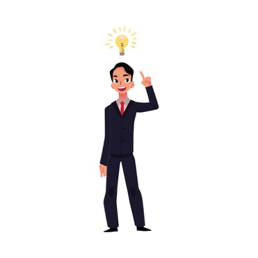 A cartoon image of a happy business man with a light bulb illuminated above his head.