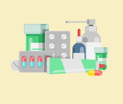 A cartoon image of multiple types of medication in blister packs, tubes, and bottles.