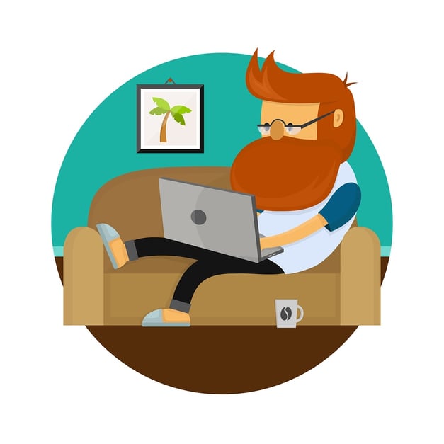 cartoon image of a man working on the couch in his slippers on a laptop. There is a coffee cup at his foot and he is seen lounging casually.