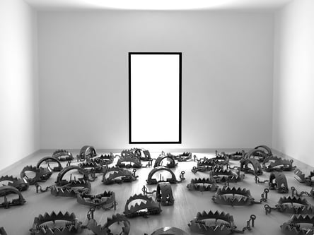 cartoon image of a room full of bear traps.