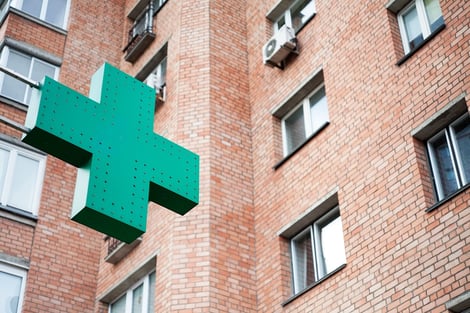A photo of a green pharmacy sign mounted on the side of a brick building in Europe.