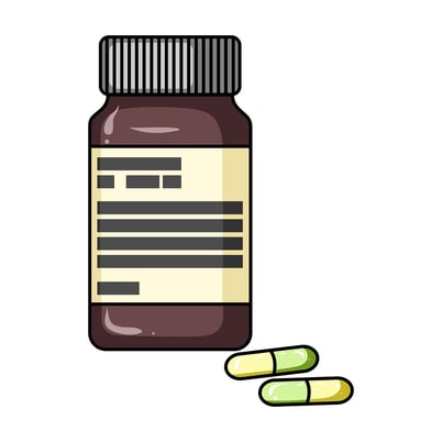A cartoon image of a bottle of prescription pills.