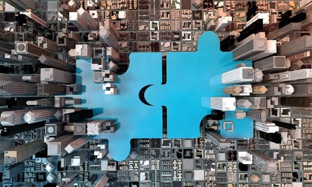 A photo of two blue puzzle pieces coming together amidst tall city buildings.