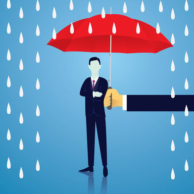 A cartoon image of someone holding an umbrella over a man to protect him from the rain.