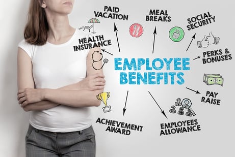 A graphic showing the various employee benefits sometimes included in employee benefits packages.