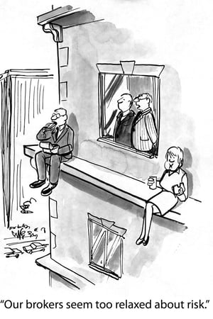 A cartoon drawing of two brokers sitting on a ledge and managers commenting that they seem too relaxed about risk.