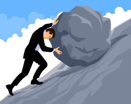 A cartoon image of a man pushing a heavy boulder up a hill.