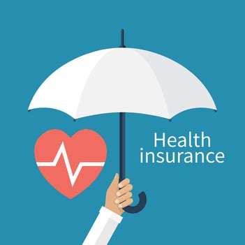 A cartoon image of someone holding an umbrella over the words "health insurance."