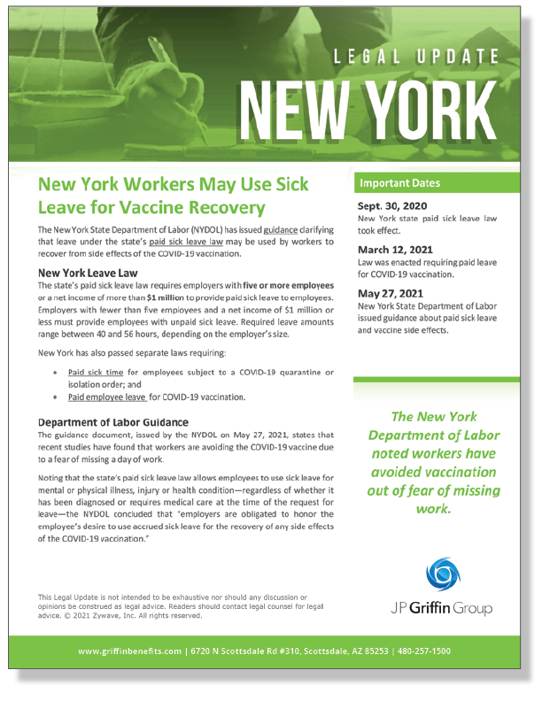 New York Workers May Use Sick Leave for Vaccine Recovery