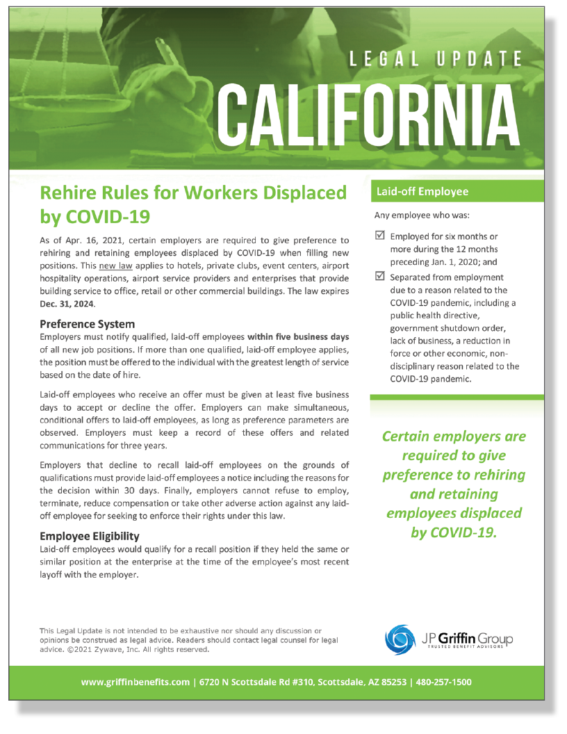California Rehire Rules for Workers Displaced by COVID-19 (4/28)