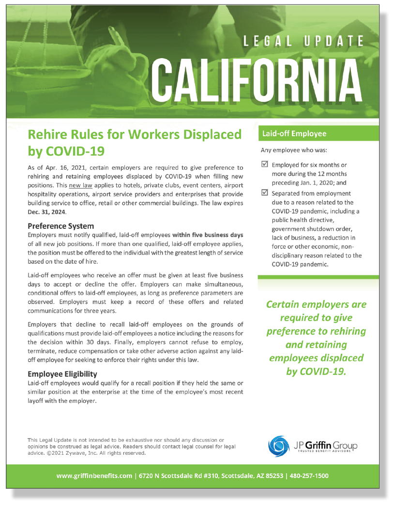 California Rehire Rules for Workers Displaced by COVID-19 (4/28)