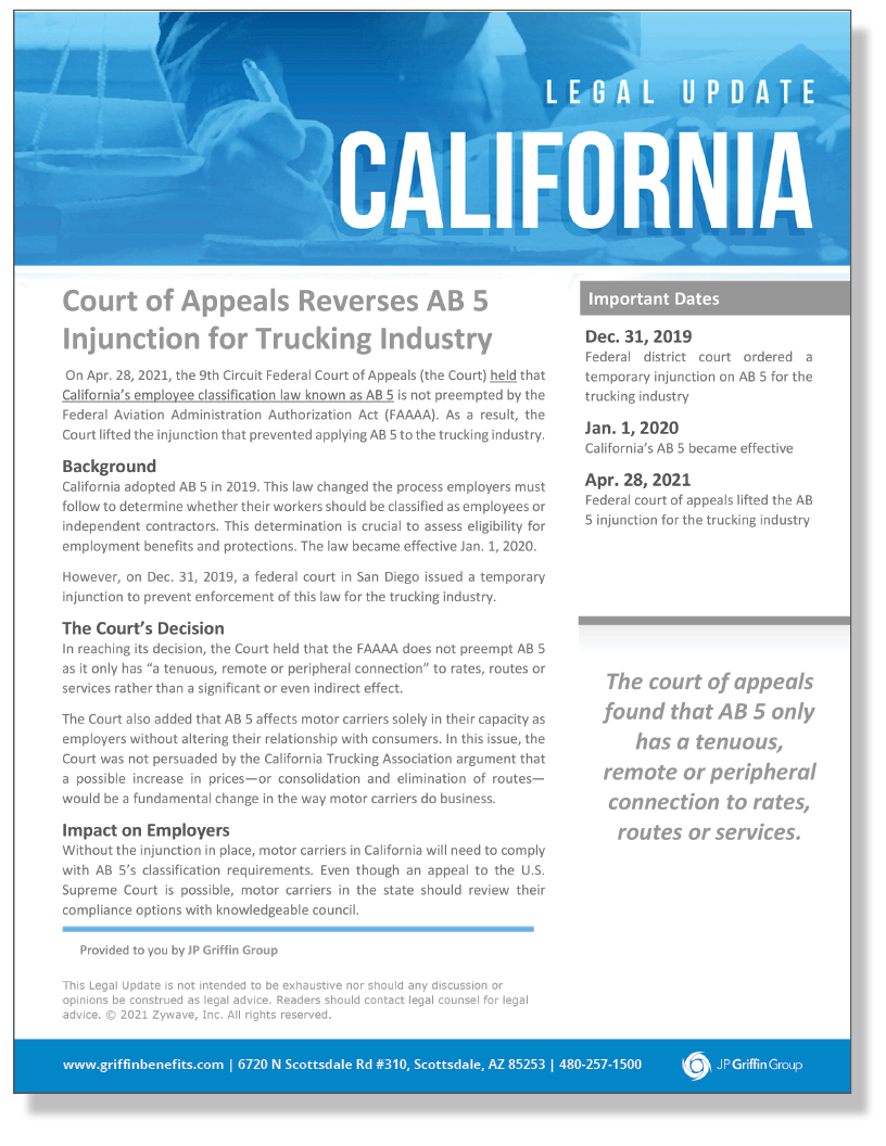 Court of Appeals Reverses AB 5 Injunction for Trucking Industry (Added 5/7)