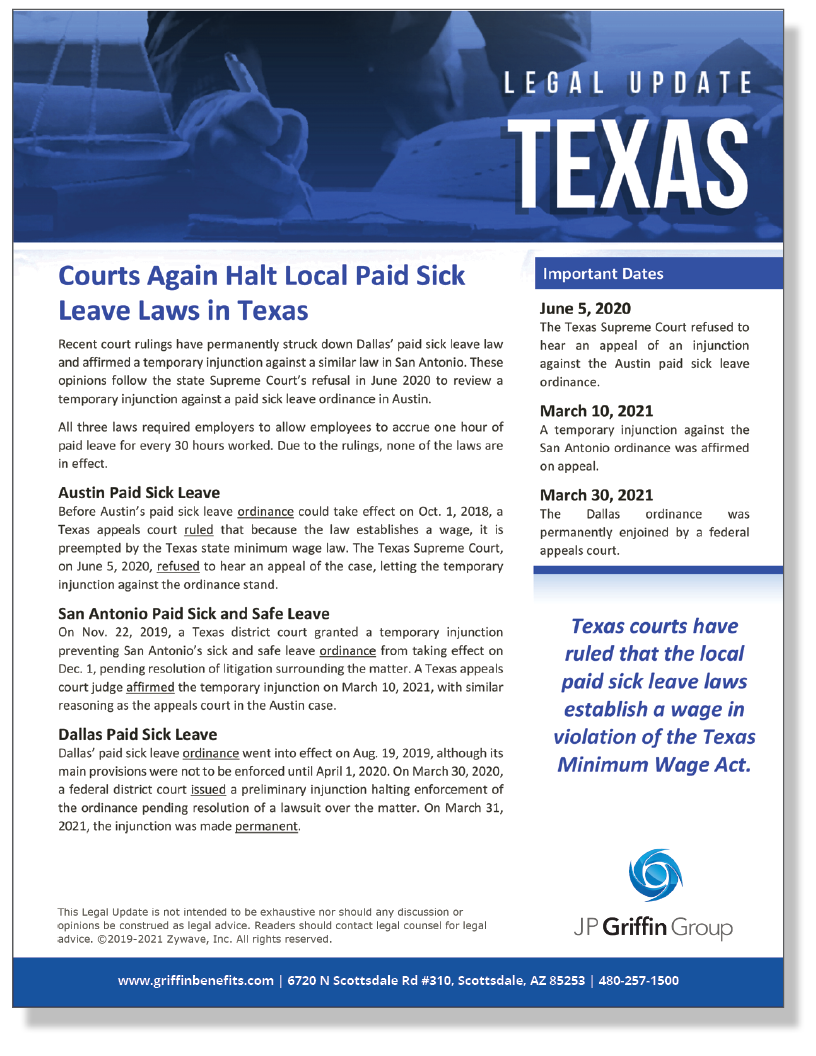 Courts Again Halt Local Paid Sick Leave Laws in Texas (4/27)
