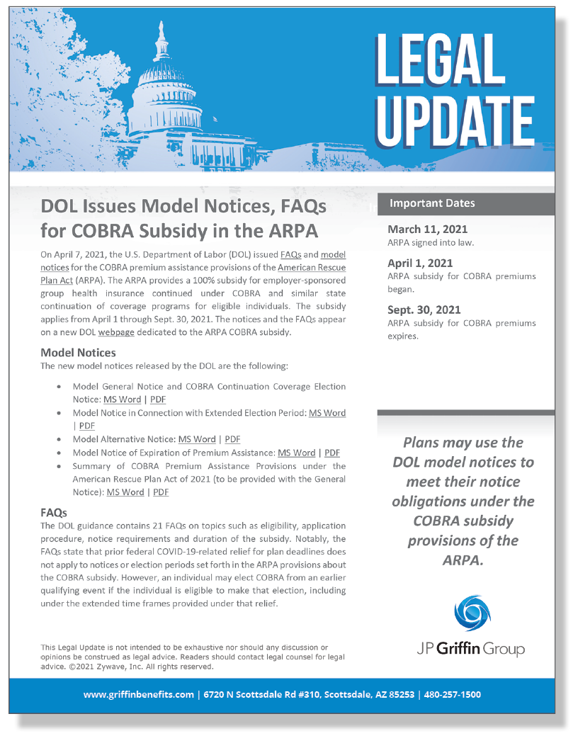 DOL Issues Model Notices, FAQs for COBRA Subsidy in the ARPA (4/7)