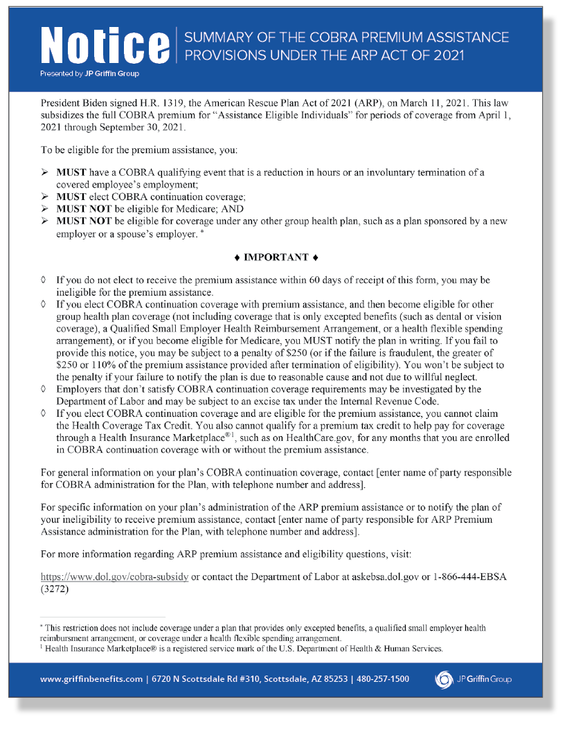 DOL Summary of COBRA Premium Assistance Provisions under the ARPA (4/8)