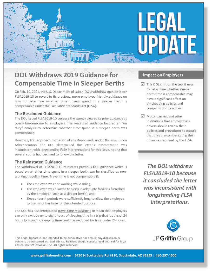 DOL Withdraws 2019 Guidance for Compensable Time in Sleeper Berths (Added 3/5)