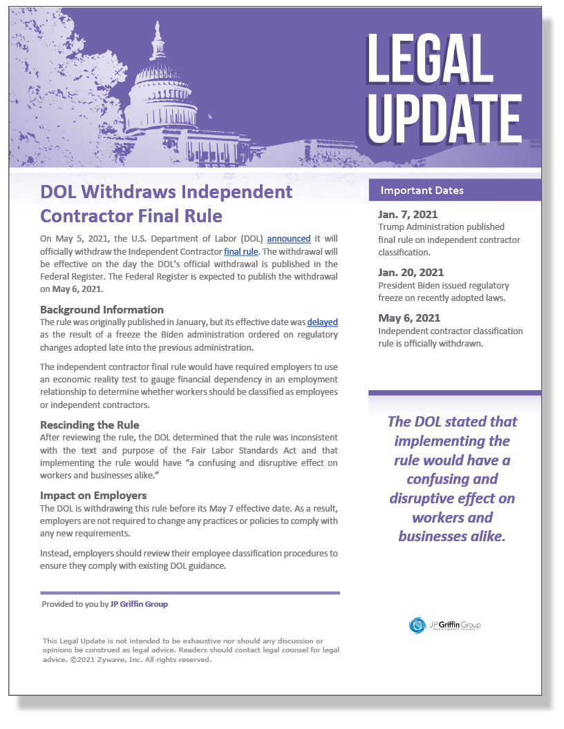 DOL Withdraws Independent Contractor Final Rule