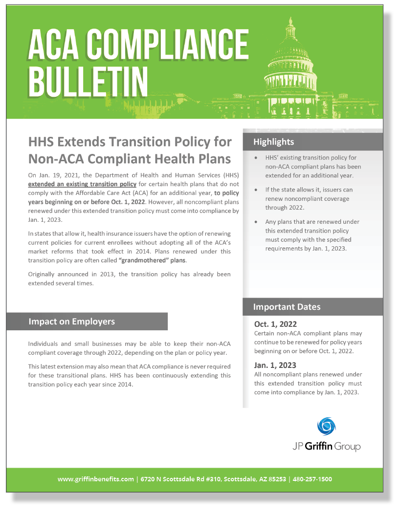 HHS Extends Transition Policy for Non-ACA Compliant Health Plans 