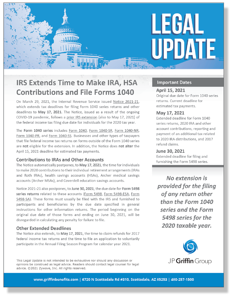 IRS Extends Time to Make IRA, HSA Contributions and File Forms 1040 (Added 3/30)