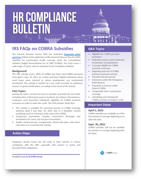 IRS FAQs on COBRA Subsidies (5/20)