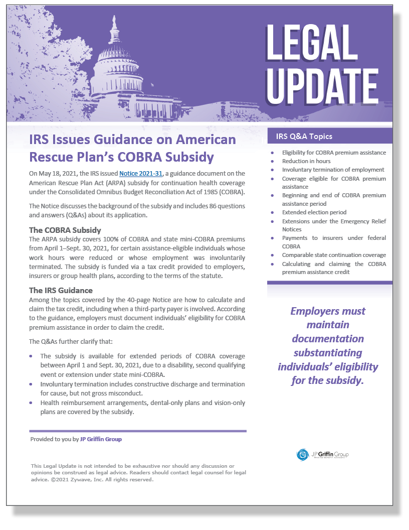 IRS Issues Guidance on American Rescue Plan’s COBRA Subsidy