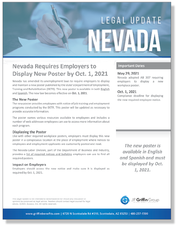 Nevada Requires Employers to Display New Poster by Oct. 1, 2021 (Added 8/27)