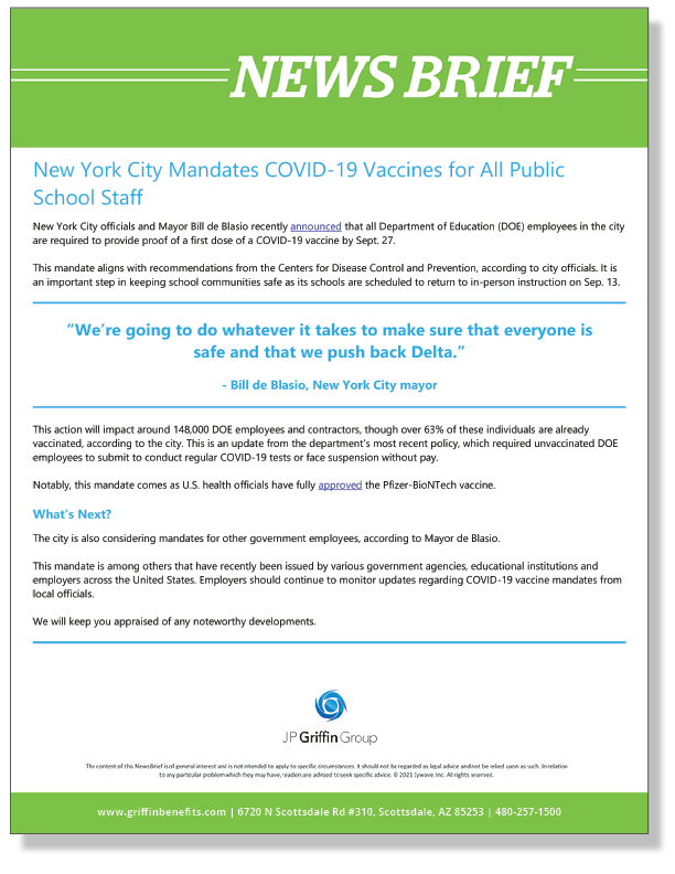 New York City Mandates COVID-19 Vaccines for All Public School Staff