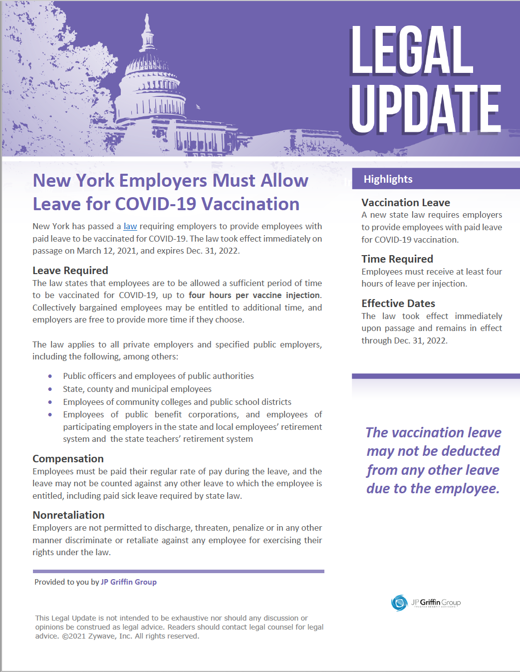 New York Employers Must Allow Leave for COVID-19 Vaccination (3/17)