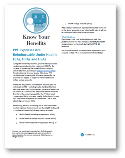 PPE Expenses Are Reimbursable Under Health FSAs, HRAs and HSAs (4/16)