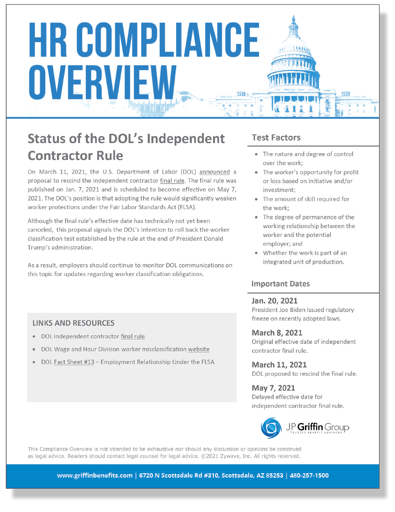 Status of the DOL's Independent Contractor Rule (Added 4/1)